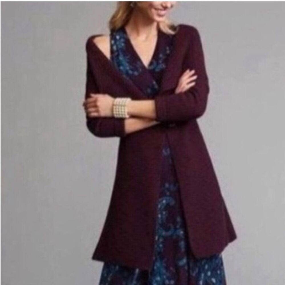 Cabi Regal maroon wine purple long button‎ front cardigan sweater size XS #3350